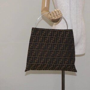 FENDI Zucca Canvas Hand Bag Black Brown Auth 129930